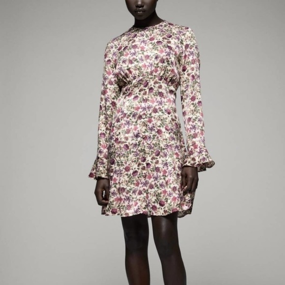 NWT Zara Satin Effect Printed Floral Mini Dress XS Pink Cream - Picture 1 of 12